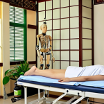 **Prompt:** A modern rehabilitation clinic in Thailand, showcasing a patient using rehabilitation robotics equipment under the supervision of a Thai traditional medicine doctor, with various Thai herbs displayed in the background.