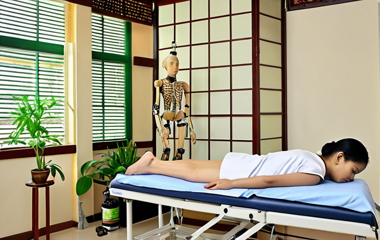 **Prompt:** A modern rehabilitation clinic in Thailand, showcasing a patient using rehabilitation robotics equipment under the supervision of a Thai traditional medicine doctor, with various Thai herbs displayed in the background.